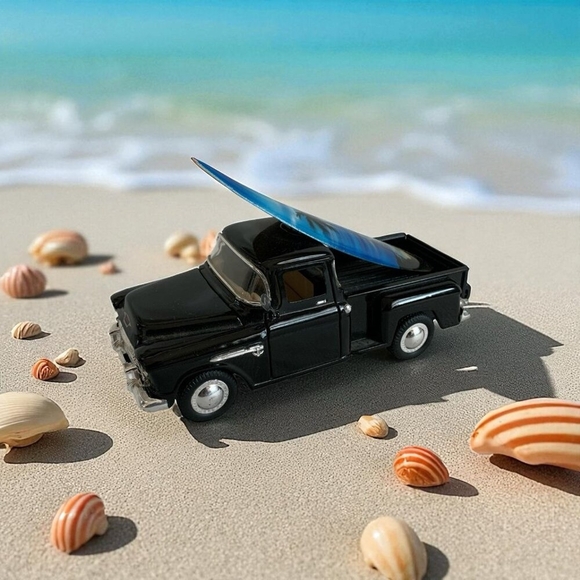 1955 Chevy Stepside Black Die-Cast Pickup Truck Surfboard SS 5602 Model Car Rare - Picture 1 of 4
